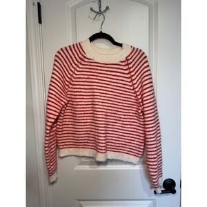 American Eagle Red White Striped Fuzzy Knit Crewneck Raglan Sweater